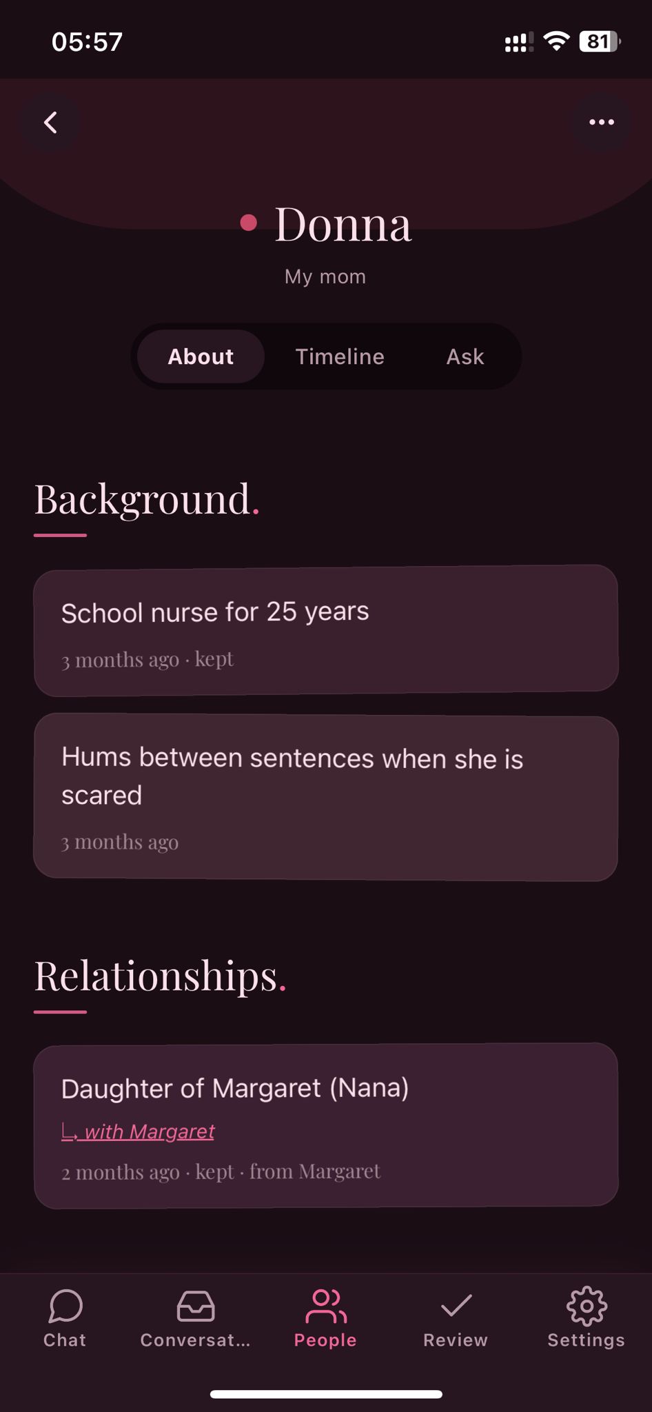 Donna's page in Mooncake, About view. Subtitle 'My mom'. Background section lists 'School nurse for 25 years' and 'Hums between sentences when she is scared'. Relationships section shows 'Daughter of Margaret (Nana)', captured from a separate conversation.