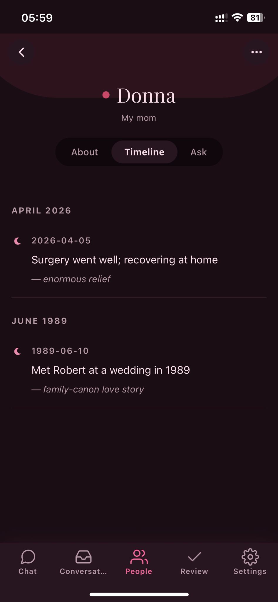 Donna's page in Mooncake, Timeline view. April 2026: 'Surgery went well; recovering at home, enormous relief'. June 1989: 'Met Robert at a wedding in 1989, family-canon love story'.