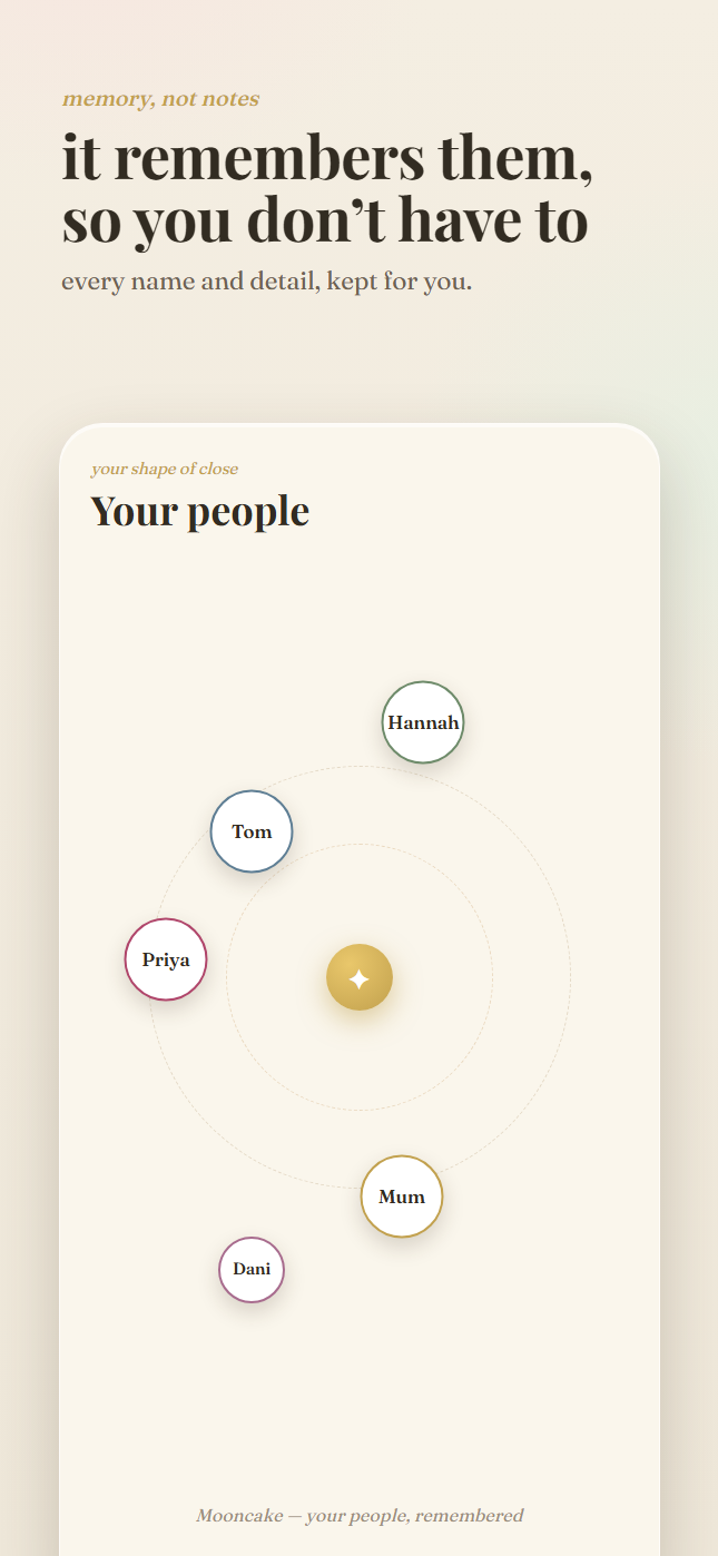 Donna's profile in Mooncake, About view. Subtitle 'My mom'. Background section lists 'School nurse for 25 years' and 'Hums between sentences when she is scared'. Relationships section shows 'Daughter of Margaret (Nana)', captured from a separate conversation.