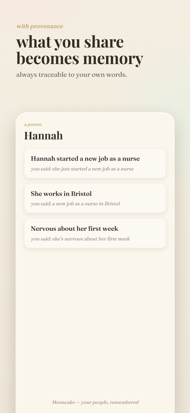 Donna's profile in Mooncake, Timeline view. April 2026: 'Surgery went well; recovering at home, enormous relief'. June 1989: 'Met Robert at a wedding in 1989, family-canon love story'.